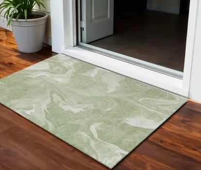 3' X 5' Artichoke Green Fern Green And Ivory Abstract Washable Indoor Outdoor Area Rug