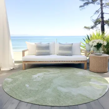 8' Artichoke Green Fern Green And Ivory Round Abstract Washable Indoor Outdoor Area Rug