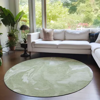 8' Artichoke Green Fern Green And Ivory Round Abstract Washable Indoor Outdoor Area Rug