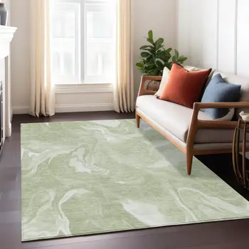 10' X 14' Artichoke Green Fern Green And Ivory Abstract Washable Indoor Outdoor Area Rug
