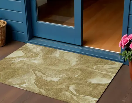 3' X 5' Brown Beige And Ivory Abstract Washable Indoor Outdoor Area Rug