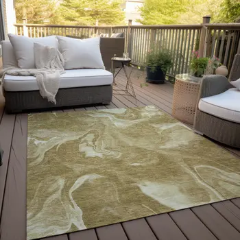 10' X 14' Brown Beige And Ivory Abstract Washable Indoor Outdoor Area Rug