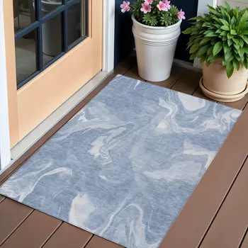 3' X 5' Blue And Sky Blue Abstract Washable Indoor Outdoor Area Rug