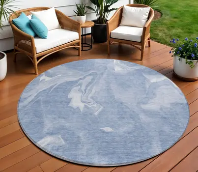 8' Blue And Sky Blue Round Abstract Washable Indoor Outdoor Area Rug