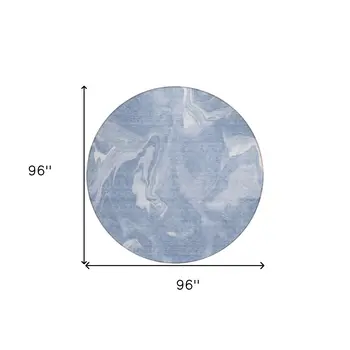 8' Blue And Sky Blue Round Abstract Washable Indoor Outdoor Area Rug
