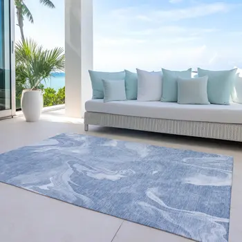 8' X 10' Blue And Sky Blue Abstract Washable Indoor Outdoor Area Rug