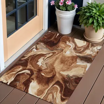 3' X 5' Orange Copper And Ivory Abstract Washable Indoor Outdoor Area Rug