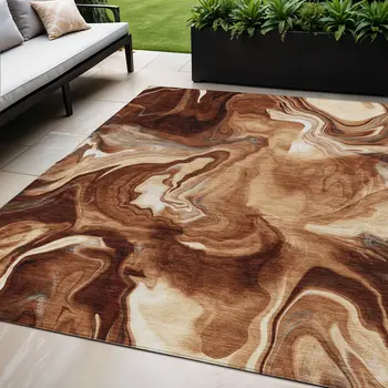 5' X 8' Orange Copper And Ivory Abstract Washable Indoor Outdoor Area Rug