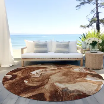 8' Orange Copper And Ivory Round Abstract Washable Indoor Outdoor Area Rug