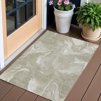 3' X 5' Taupe And Beige Abstract Washable Indoor Outdoor Area Rug