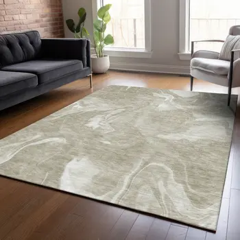 9' X 12' Taupe And Beige Abstract Washable Indoor Outdoor Area Rug