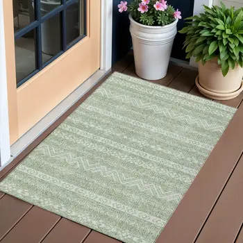 3' X 5' Artichoke Green And Green Southwestern Washable Indoor Outdoor Area Rug