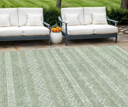 9' X 12' Artichoke Green And Green Southwestern Washable Indoor Outdoor Area Rug