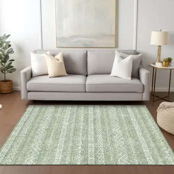 10' X 14' Artichoke Green And Green Southwestern Washable Indoor Outdoor Area Rug