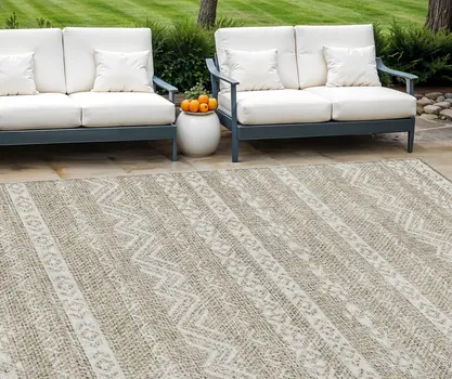 10' X 14' Beige And Ivory Southwestern Washable Indoor Outdoor Area Rug