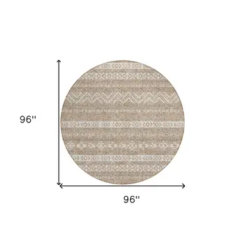 8' Brown And Beige Round Southwestern Washable Indoor Outdoor Area Rug