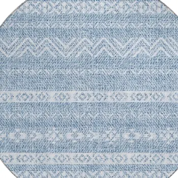 8' Blue And Denim Blue Round Southwestern Washable Indoor Outdoor Area Rug