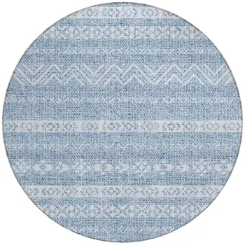 8' Blue And Denim Blue Round Southwestern Washable Indoor Outdoor Area Rug