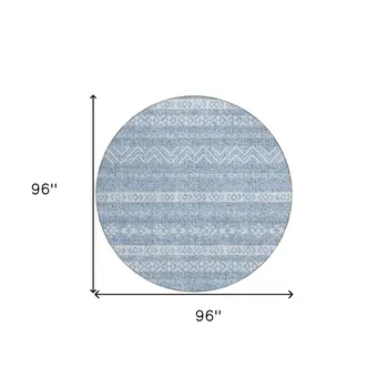 8' Blue And Denim Blue Round Southwestern Washable Indoor Outdoor Area Rug