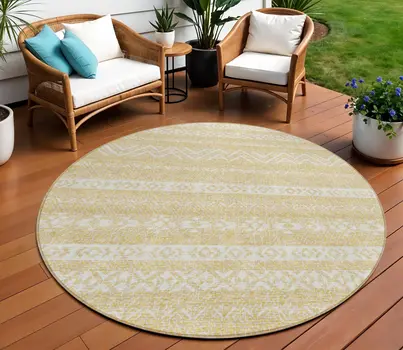 8' Gold And Beige Round Southwestern Washable Indoor Outdoor Area Rug