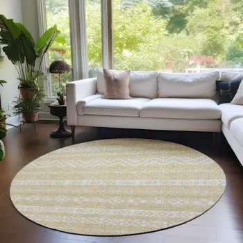 8' Gold And Beige Round Southwestern Washable Indoor Outdoor Area Rug