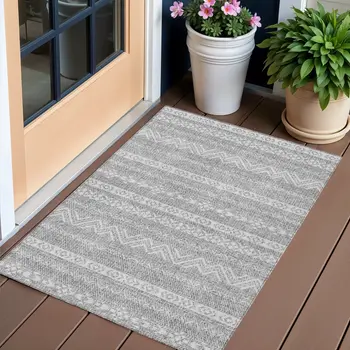 3' X 5' Gray And Silver Southwestern Washable Indoor Outdoor Area Rug
