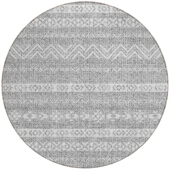 8' Gray And Silver Round Southwestern Washable Indoor Outdoor Area Rug