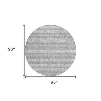 8' Gray And Silver Round Southwestern Washable Indoor Outdoor Area Rug