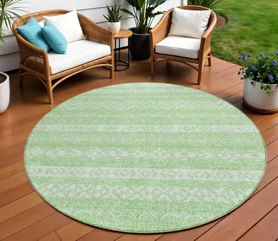 8' Lime Green And Green Round Southwestern Washable Indoor Outdoor Area Rug
