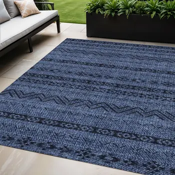 5' X 8' Navy Blue Southwestern Washable Indoor Outdoor Area Rug