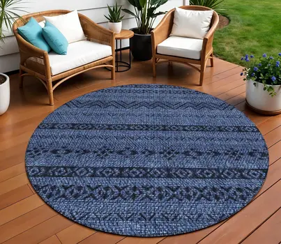 8' Navy Blue Round Southwestern Washable Indoor Outdoor Area Rug