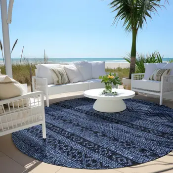 8' Navy Blue Round Southwestern Washable Indoor Outdoor Area Rug