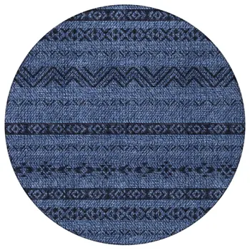 8' Navy Blue Round Southwestern Washable Indoor Outdoor Area Rug