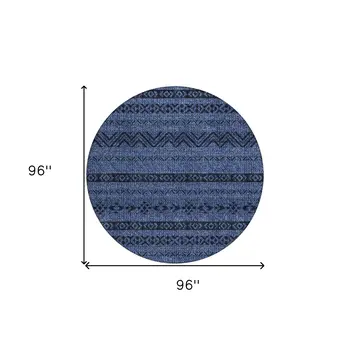 8' Navy Blue Round Southwestern Washable Indoor Outdoor Area Rug