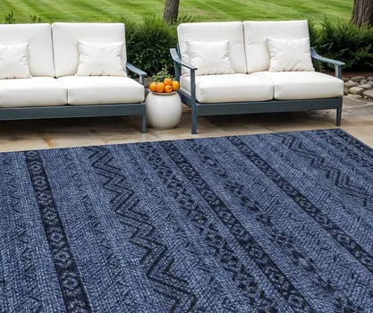 10' X 14' Navy Blue Southwestern Washable Indoor Outdoor Area Rug