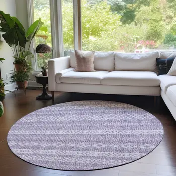 8' Purple And Lavender Round Southwestern Washable Indoor Outdoor Area Rug