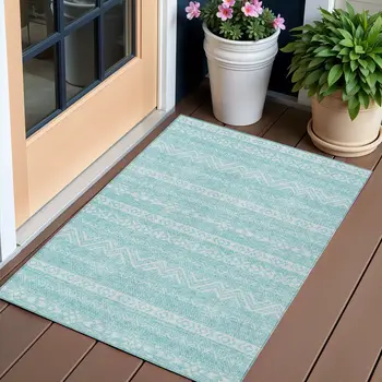 3' X 5' Teal Blue And Aqua Southwestern Washable Indoor Outdoor Area Rug