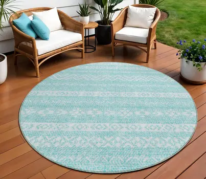 8' Teal Blue And Aqua Round Southwestern Washable Indoor Outdoor Area Rug