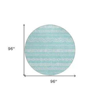 8' Teal Blue And Aqua Round Southwestern Washable Indoor Outdoor Area Rug