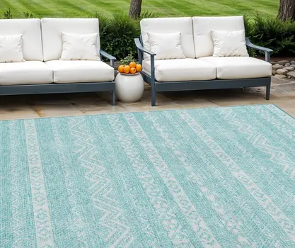 10' X 14' Teal Blue And Aqua Southwestern Washable Indoor Outdoor Area Rug