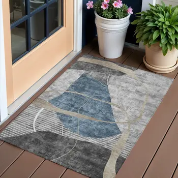3' X 5' Blue Gray And Charcoal Abstract Washable Indoor Outdoor Area Rug