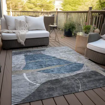 5' X 8' Blue Gray And Charcoal Abstract Washable Indoor Outdoor Area Rug
