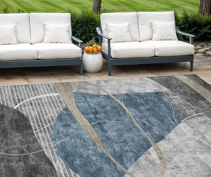 8' X 10' Blue Gray And Charcoal Abstract Washable Indoor Outdoor Area Rug
