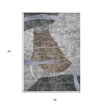 3' X 5' Chocolate Gray And Charcoal Abstract Washable Indoor Outdoor Area Rug
