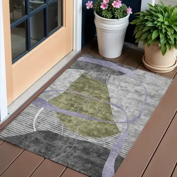 3' X 5' Olive Green Gray And Charcoal Abstract Washable Indoor Outdoor Area Rug