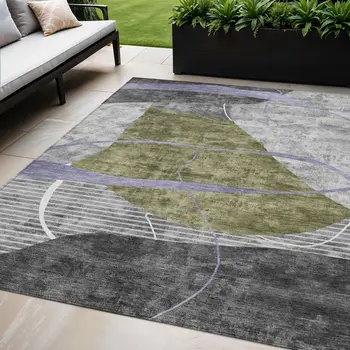 5' X 8' Olive Green Gray And Charcoal Abstract Washable Indoor Outdoor Area Rug