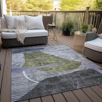 5' X 8' Olive Green Gray And Charcoal Abstract Washable Indoor Outdoor Area Rug
