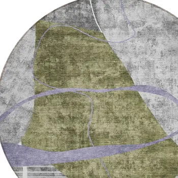 8' Olive Green Gray And Charcoal Round Abstract Washable Indoor Outdoor Area Rug