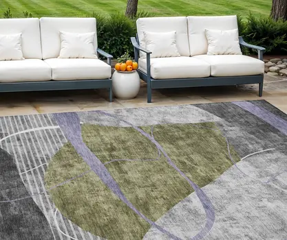 10' X 14' Olive Green Gray And Charcoal Abstract Washable Indoor Outdoor Area Rug