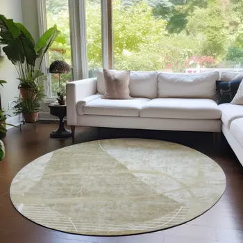 8' Beige Taupe And Tan Round Abstract Washable Indoor Outdoor Area Rug
